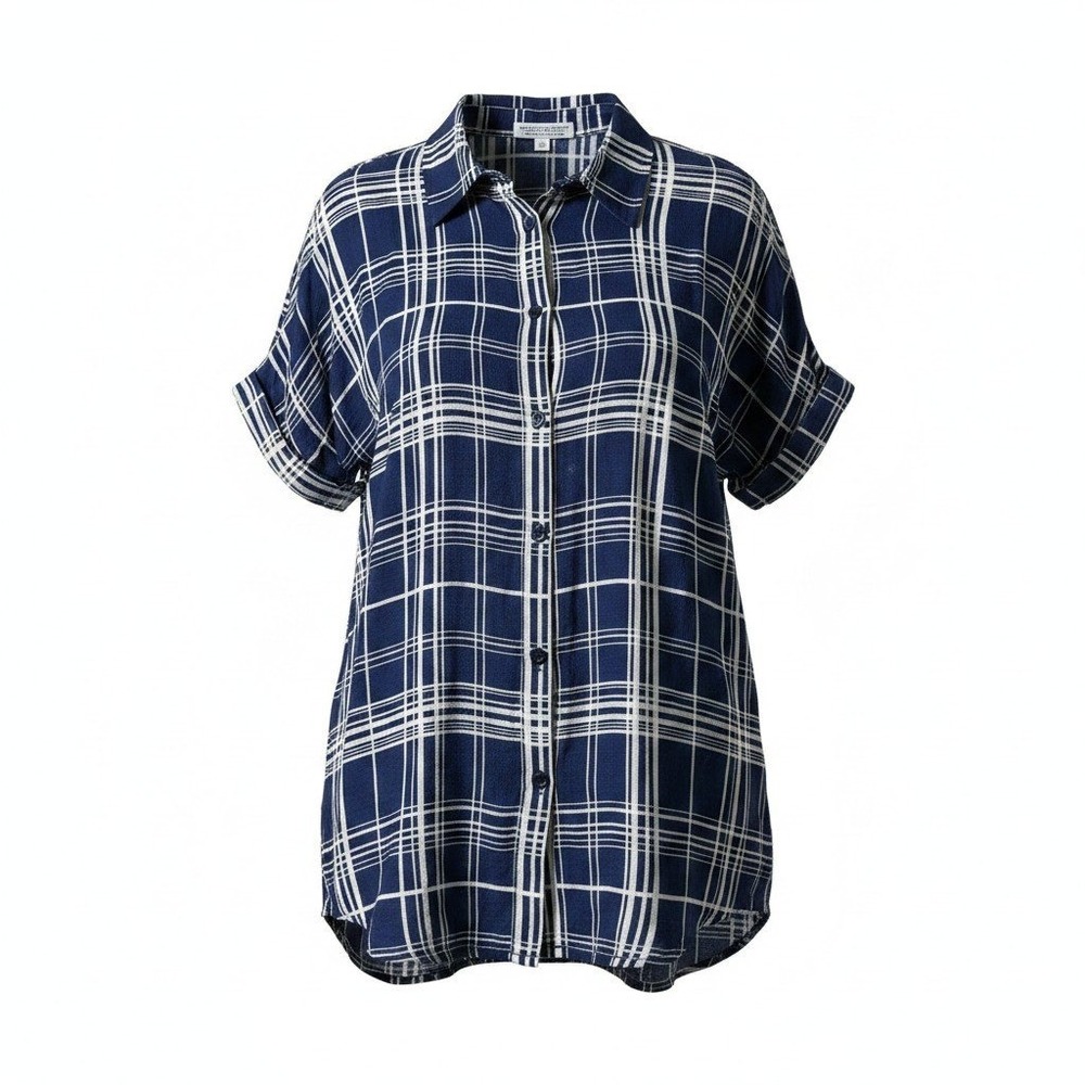 Sweet Salt Womens Navy Blue‎ White Plaid Short Sleeve Button Down Shirt Size 2